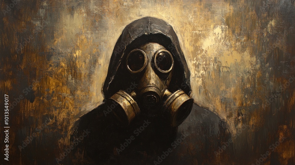 A person in a gas mask and a hooded jacket, painted on a dark brown and yellow background. A person in a gas mask and a hooded jacket, painted on a dark brown and yellow background.