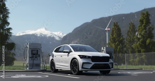 An electric vehicle recharges at a scenic charging station