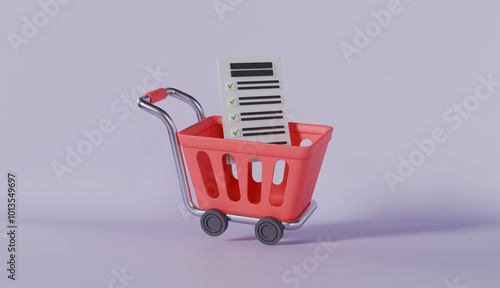 3d shopping carts or basket with checklist, miscellaneous on a pastel color background photo