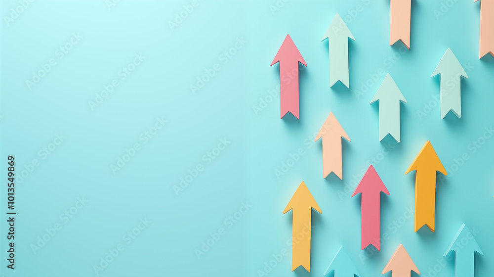 A flat lay of colorful arrows pointing upwards on a pastel blue background, symbolizing growth and progress. A flat lay of colorful arrows pointing upwards on a pastel blue background, symbolizing growth and progress.
