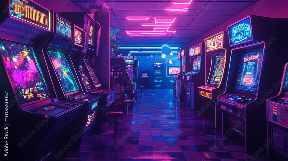A retro arcade filled with vibrant neon lights. A retro arcade filled with vibrant neon lights.