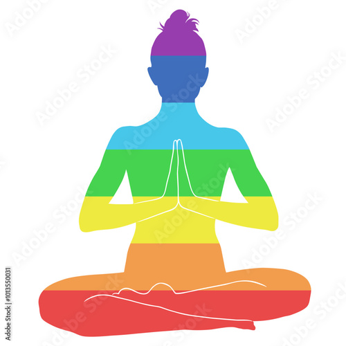 Vector silhouettes on woman siting in padmasana yoga pose in rainbow colors. Yoga meditation workout. Yoga girl icons for healthy life conception.
