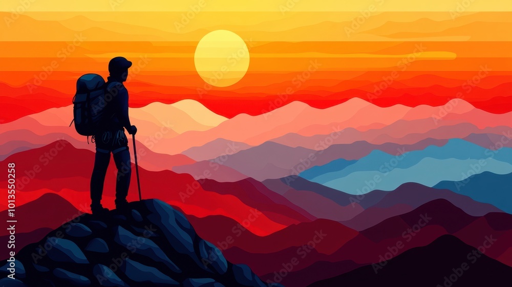 Silhouette of a Hiker Standing on a Mountain Peak at Sunset Silhouette of a Hiker Standing on a Mountain Peak at Sunset