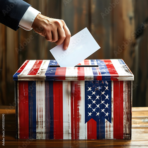 Voting concept. Hand putting a ballot into a ballot box. Elections in the USA.