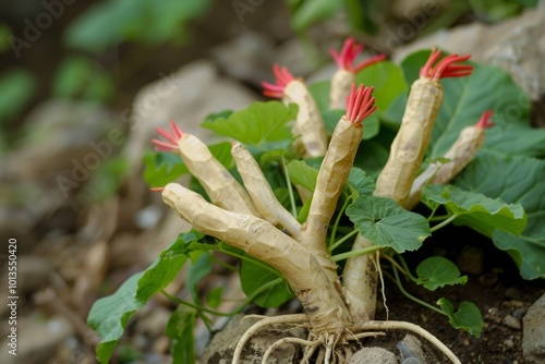 Freshly harvested ginseng roots with green leaves and red root tips in a garden. Close-up outdoor photography . Ashwagandha. Ayuurveda. Ayurvedic herbs. Generative AI photo