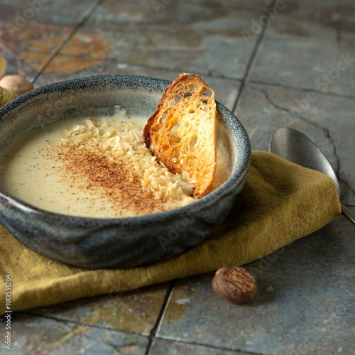 bowl of creamy celery root soup with nutmeg, parmesan cheese and croutons on  a table