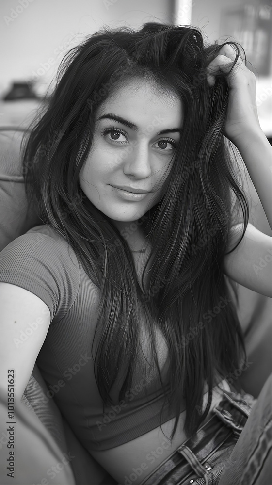 Portrait of a woman sitting on a cozy sofa. Portrait of a woman sitting on a cozy sofa.