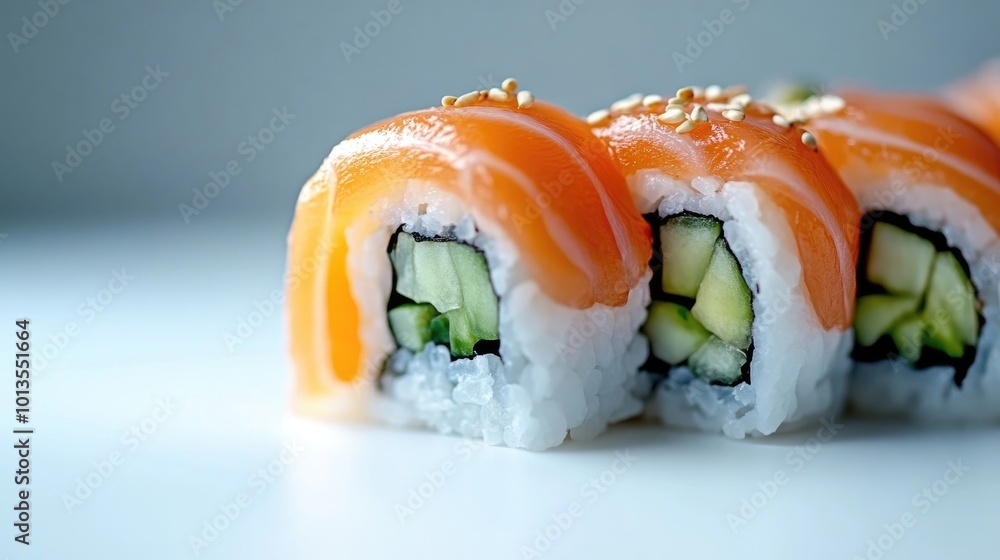 Close-up of Fresh Salmon and Cucumber Sushi Rolls Close-up of Fresh Salmon and Cucumber Sushi Rolls