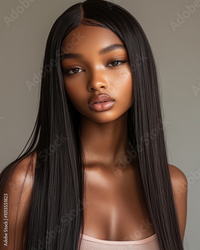 Portrait of a young Black woman with long, sleek hair and a luminous complexion.