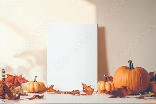 Mockup of a blank frame surrounded by pumpkins and autumn leaves, with soft sunlight creating shadows on the wall photo