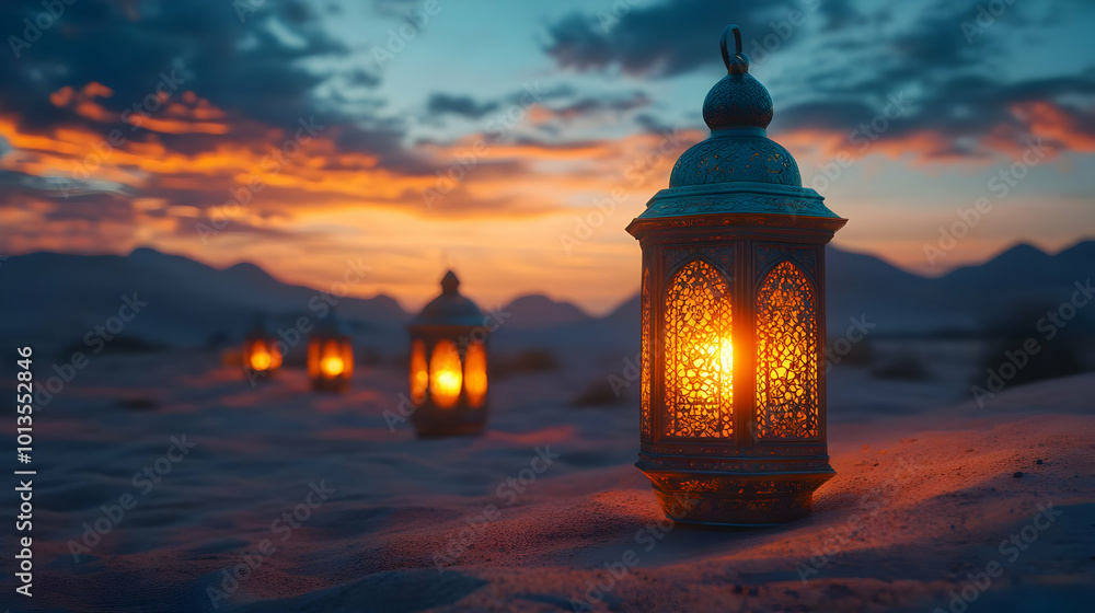 Ornate Lanterns in Desert Sunset - 3D Illustration Ornate Lanterns in Desert Sunset - 3D Illustration
