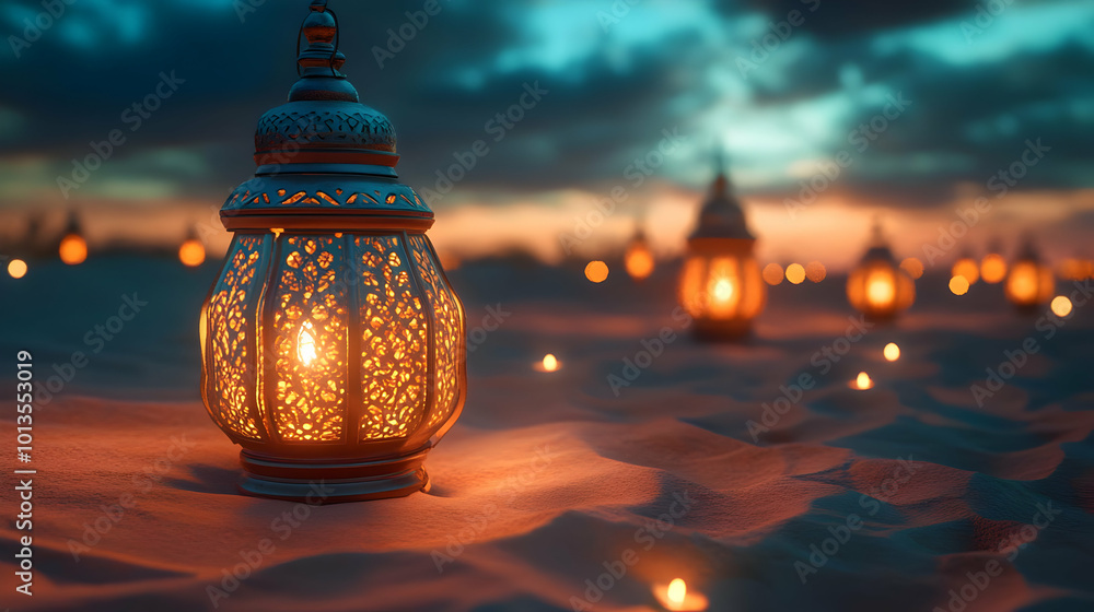 Ornate Lanterns in a Desert Setting - 3D Illustration Ornate Lanterns in a Desert Setting - 3D Illustration