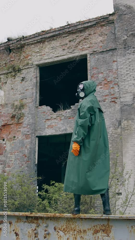 Man in protective clothes in abandoned place. Man in safety suit standing alone on the background of ruined buildings. No people. Apocalypse concept. Vertical video Man in protective clothes in abandoned place. Man in safety suit standing alone on the background of ruined buildings. No people. Apocalypse concept. Vertical video