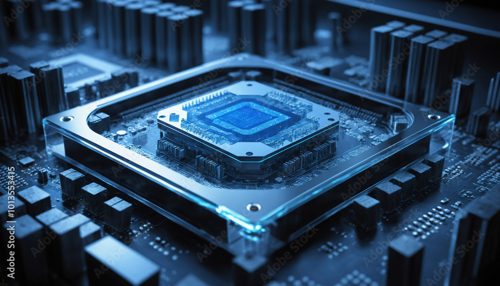 Fototapeta premium High-Tech Microprocessor on a Circuit Board with Illuminated Elements