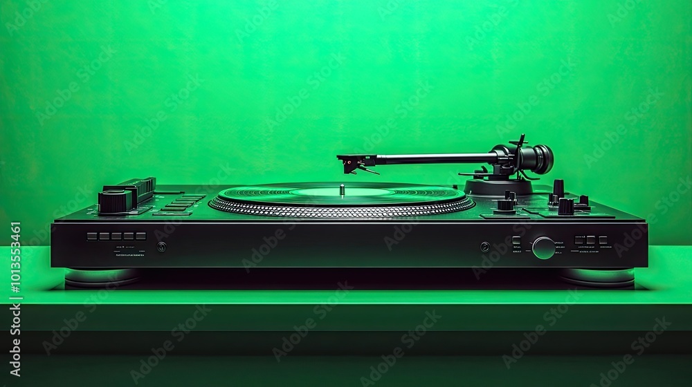 Obraz premium Black Vinyl Turntable Against Vibrant Green Background – Retro Music Technology