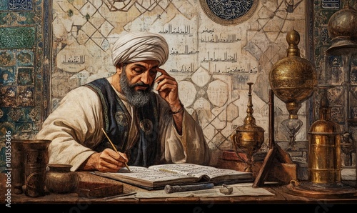 Man writing in book, surrounded by old instruments.
