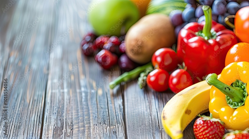 Colorful Fresh Fruits and Vegetables on Wooden Table Colorful Fresh Fruits and Vegetables on Wooden Table
