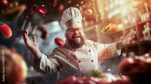 A cheerful chef actively engages with fresh vegetables and fruits in a lively kitchen atmosphere, showcasing culinary passion and skill