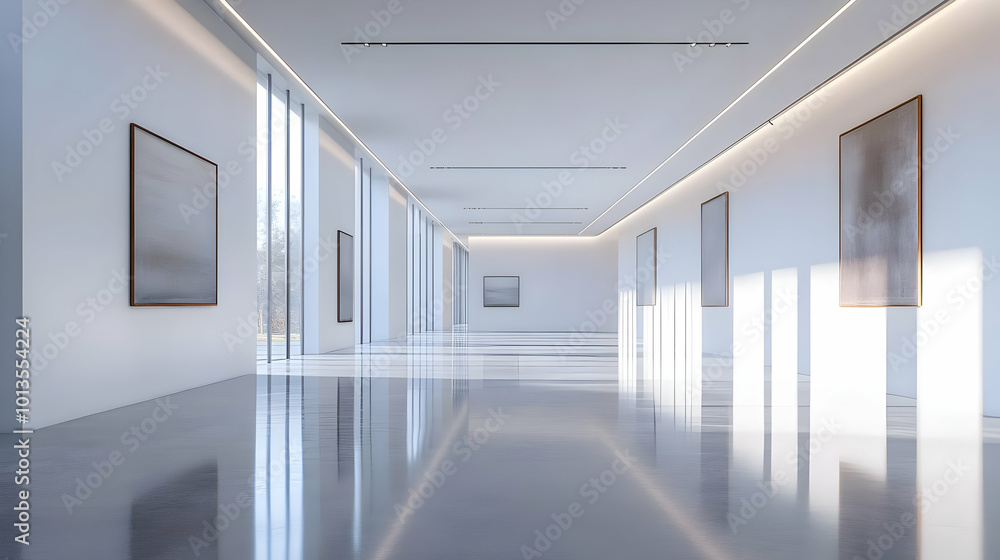Modern Minimalist Interior Design - 3D Rendering of a Long Corridor with White Walls and Polished Floor Modern Minimalist Interior Design - 3D Rendering of a Long Corridor with White Walls and Polished Floor