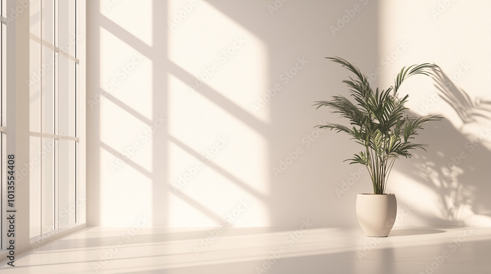 A minimalist living space with nothing but a potted plant in the corner, bathed in soft, diffused sunlight from large windows A minimalist living space with nothing but a potted plant in the corner, bathed in soft, diffused sunlight from large windows