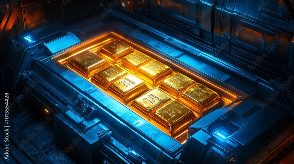Aerial view of a high-security gold vault, gold bars shining under laser defense systems, sleek modern design, futuristic, glowing blue lights, metallic textures Aerial view of a high-security gold vault, gold bars shining under laser defense systems, sleek modern design, futuristic, glowing blue lights, metallic textures