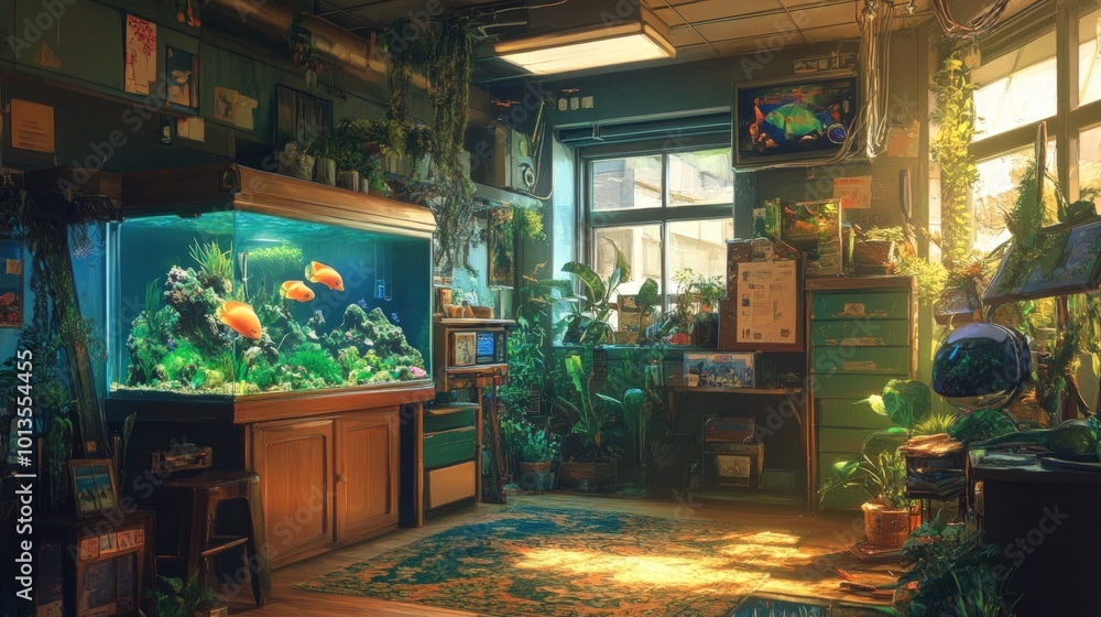 A cozy room with a large fish tank, plants, and a window overlooking a city street. A cozy room with a large fish tank, plants, and a window overlooking a city street.