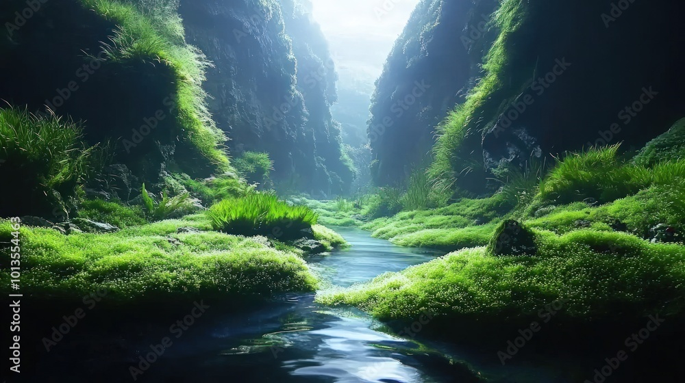 A narrow, moss-covered canyon with a small stream flowing through it. The sunlight illuminates the canyon from above, creating a mystical and ethereal atmosphere. A narrow, moss-covered canyon with a small stream flowing through it. The sunlight illuminates the canyon from above, creating a mystical and ethereal atmosphere.