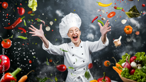 A cheerful chef throws assorted fresh vegetables and herbs into the air, creating a vibrant display in the kitchen, filled with laughter and culinary creativity