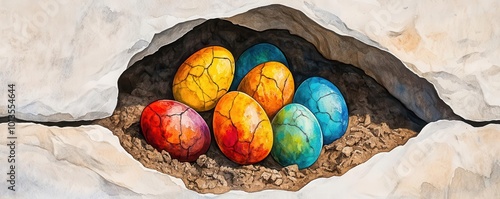 Fossilized dinosaur egg cluster, embedded in ancient soil, detailed texture, watercolor style photo