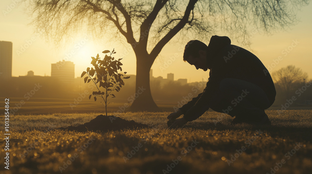 Volunteer planting tree at sunrise in empty city park Volunteer planting tree at sunrise in empty city park