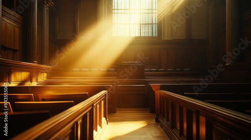 An atmospheric scene of an empty courtroom, the jury box standing silently as sunlight streams in, highlighting the quiet before trial photo