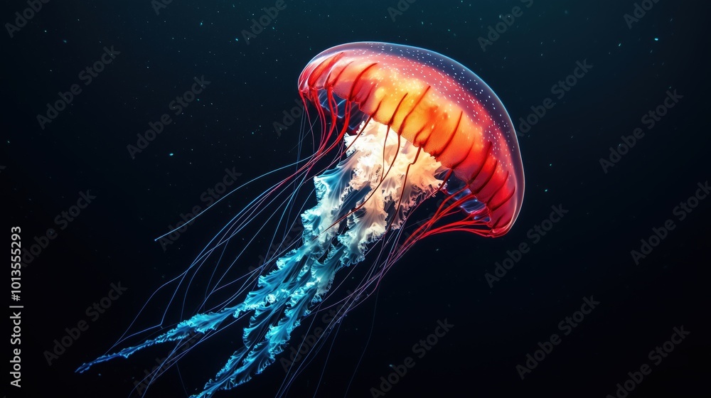 Fototapeta premium Beautiful, glowing red jellyfish in the dark ocean water, against a dark blue background.