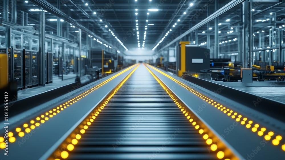 Automated production line in a futuristic factory, sleek conveyor belts, robots, and bright LED lighting, illustrating smooth and efficient workflow Automated production line in a futuristic factory, sleek conveyor belts, robots, and bright LED lighting, illustrating smooth and efficient workflow