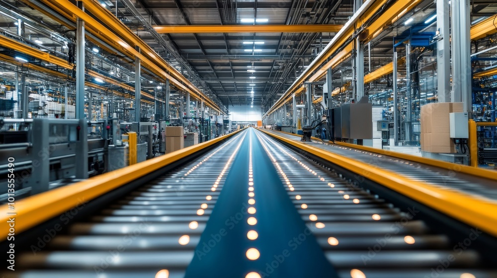 Automated production line in a futuristic factory, sleek conveyor belts, robots, and bright LED lighting, illustrating smooth and efficient workflow