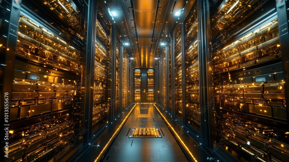 Fototapeta premium Bird's-eye view of secure vault, endless rows of gold bars illuminated by intense white spotlights, hyperrealism, intricate details, sci-fi vibes, cool blue and warm gold lighting