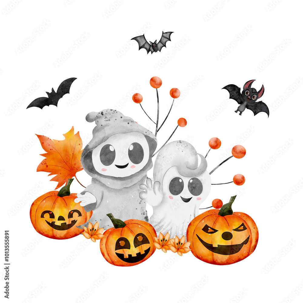 Fototapeta premium Smiling watercolor ghosts, pumpkins with bats. Composition