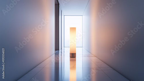 A modern floor lamp standing alone at the end of a long, narrow hallway with smooth walls and no decor. Emphasize the sense of space and simplicity