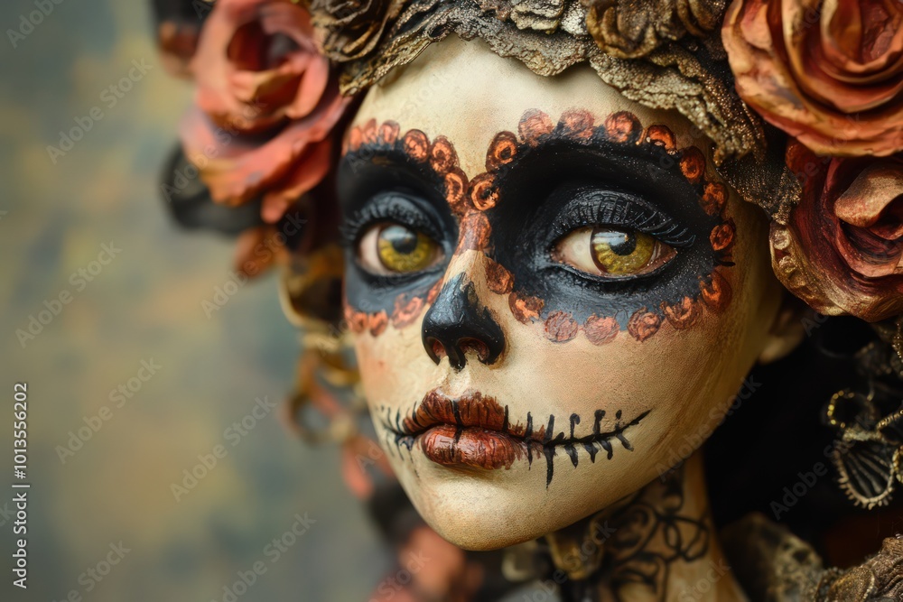 A catrina figure with a beautifully detailed face. A catrina figure with a beautifully detailed face.