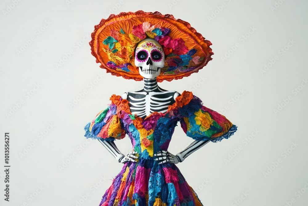 A catrina in a vibrant, colorful dress and hat. 