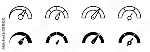Speedometer icon set. Speed indicator. Gauge, dashboard, tachometer, scale. Speedometer icon with arrow. Editable stroke line icons. Vector illustration.