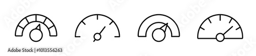 Speedometer icon set. Speed indicator. Gauge, dashboard, tachometer, scale. Speedometer icon with arrow. Editable stroke line icons. Vector illustration.