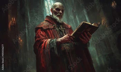 A creepy priest reading a book in a dark church.