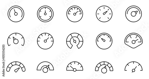 Speedometer icon set. Speed indicator. Gauge, dashboard, tachometer, scale. Speedometer icon with arrow. Editable stroke line icons. Vector illustration.