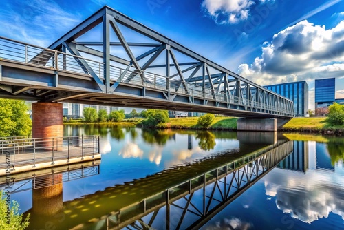 Modern steel bridge with a sleek, square design spans a serene waterway, offering a striking contrast between industrial architecture and natural surroundings. photo