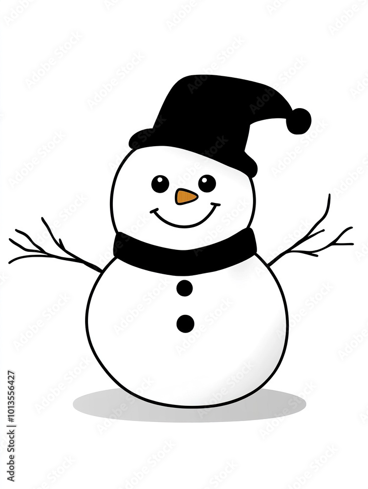 cheerful snowman with black hat and scarf stands against white background cheerful snowman with black hat and scarf stands against white background