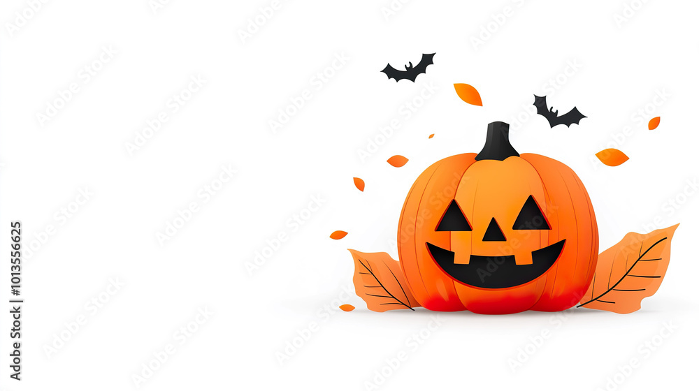 cheerful jack o lantern with carved smile sits among autumn leaves, while bats flutter in background cheerful jack o lantern with carved smile sits among autumn leaves, while bats flutter in background