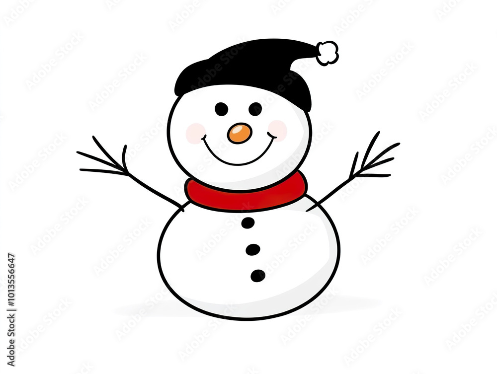 cheerful snowman with black hat and red scarf stands against white background cheerful snowman with black hat and red scarf stands against white background