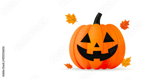 cheerful jack o lantern with carved smile is surrounded by autumn leaves