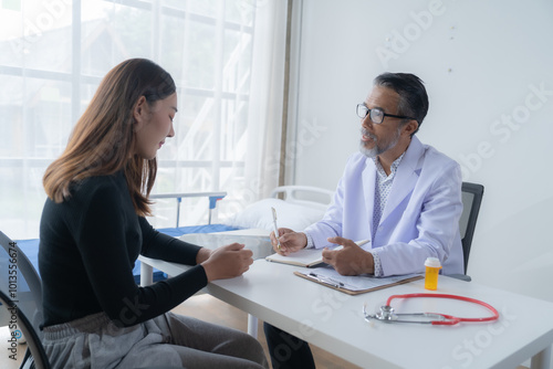 Senior male doctor is sitting at his desk and taking notes while discussing with a young female patient about her health in a hospital room