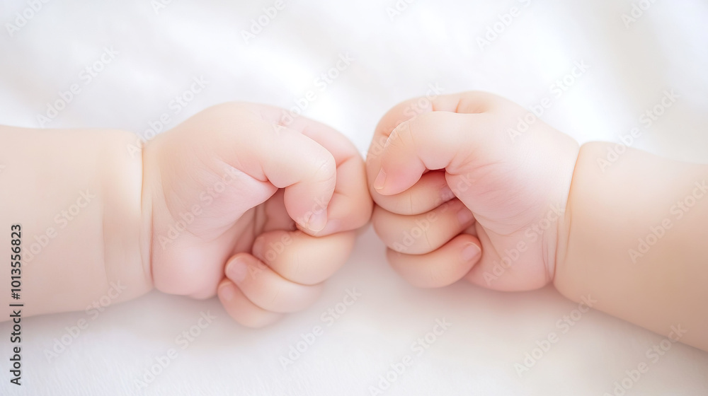 Two adorable baby hands gently clasped together on soft white background Two adorable baby hands gently clasped together on soft white background